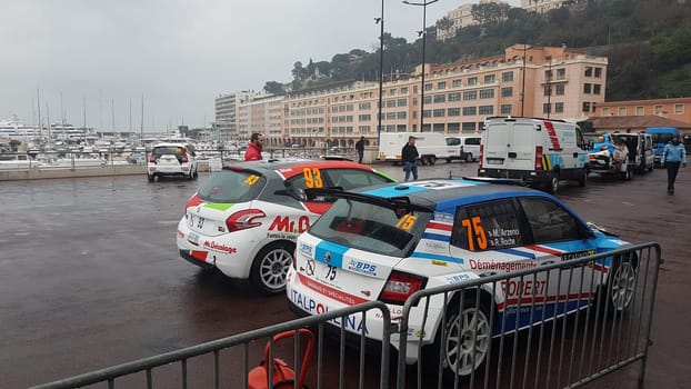 Monte-Carlo, Monaco, January 24, 2018: Skoda Fabia R5 And Peugeot 208 Rally Cars (Rear View) Parked on the Port Hercule of Monaco. Rallye Monte-Carlo 2018, French Riviera.