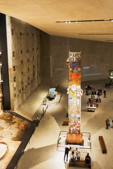 New York, USA, november 2016: detailed view of the Twin Tower foundations remains in the National 9-11 Memorial Museum in lower Manhattan, New York