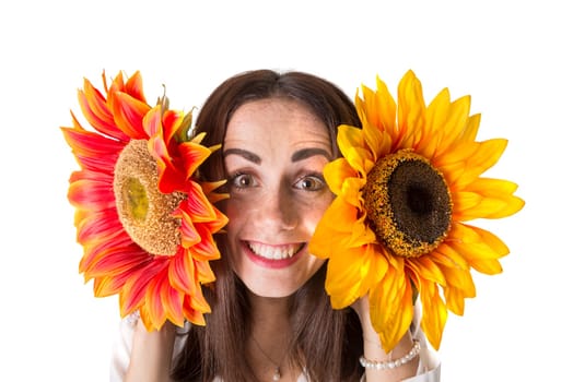 Casual young woman with flowers isolated in a white background