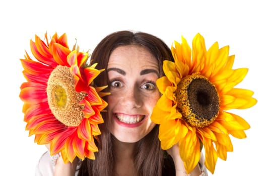 Casual young woman with flowers isolated in a white background