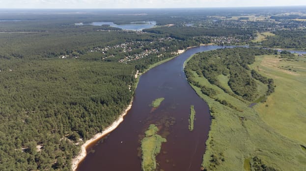 Gauja river Latvia drain into Baltic Sea aerial drone top view