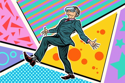 man playing virtual reality VR glasses. Pop art retro vector illustration