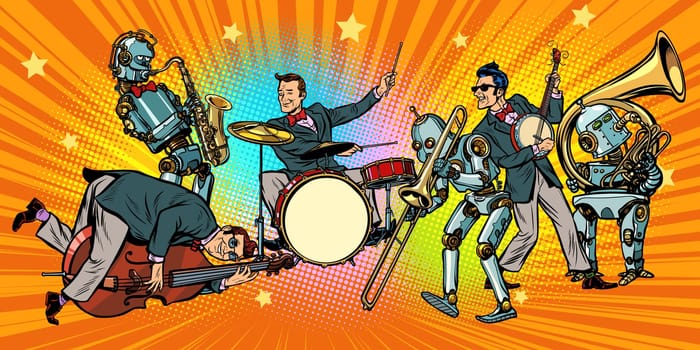 jazz rock n roll band of humans and robots. Pop art retro vector illustration comic cartoon hand drawing