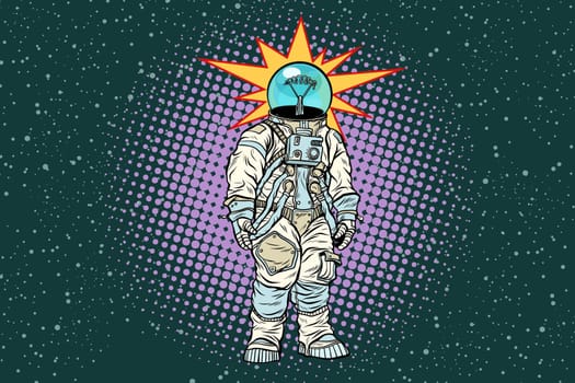 Astronaut head light bulb idea. Pop art retro vector illustration.