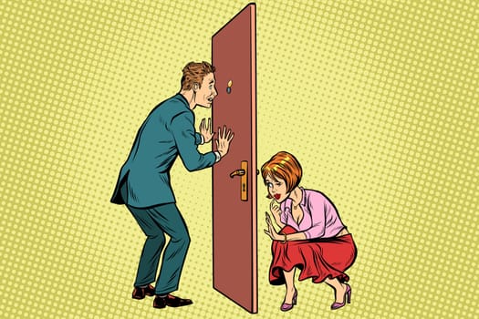 Man and woman spy each other. Pop art retro comic book vector illustration