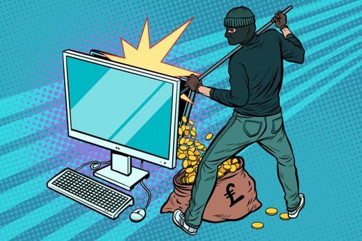 Online hacker steals pound money from computer. Pop art retro vector illustration