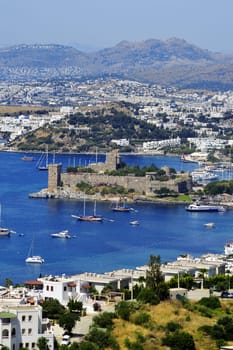 View of Bodrum harbor during hot summer day. Turkish Riviera.