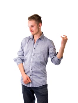 Handsome blond young man playing air guitar isolated on white