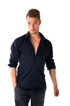 Cool handsome blond young man with cute expression, isolated on white