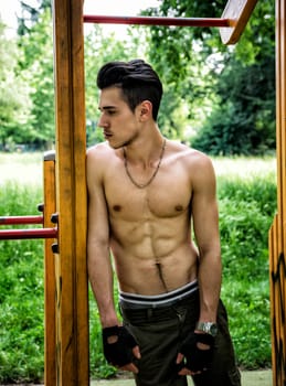 Attractive shirtless young man exercising and working out in outdoor gym in city park
