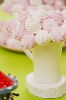Delicious sweet buffet with homemade pink and white zephyr. Russian marshmallows. On a green background, selective focus