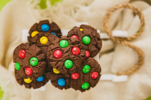 Chocolate chips cookies. Selective focus. Warm colors