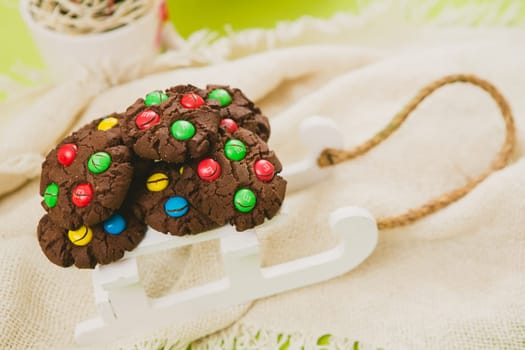 Chocolate chips cookies. Selective focus. Warm colors
