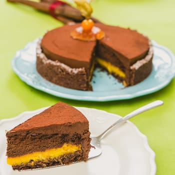 Sweet buffet delicious homemade vegan cake. Warm color. Selective focus.