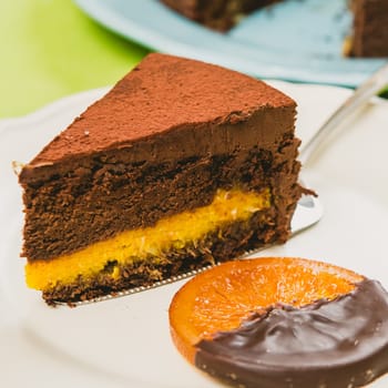 Sweet buffet delicious homemade vegan cake. Warm color. Selective focus.