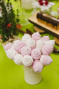 Delicious sweet buffet with homemade pink and white zephyr. Russian marshmallows. On a green background, selective focus