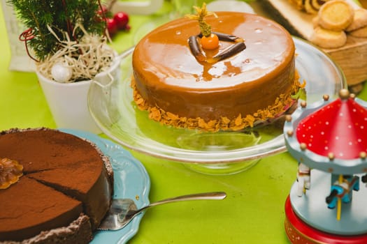 Sweet buffet delicious homemade vegan cake. Warm color. Selective focus.