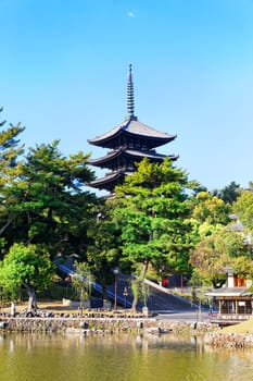 wooden tower of To-ji Temple in Nara Japan is the largest temple pagoda in the country at a height of 54.8 meters.
