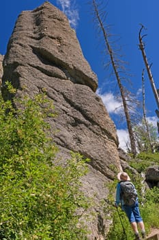 Looking up at a Tall Pinnacle in the Needles section of Custer State Park in the Black Hills in South Dakota