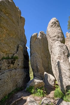 Narrow Path Between the Rocks near the Cathedral Peaks in Custer State Park in Black Hills in South Dakota