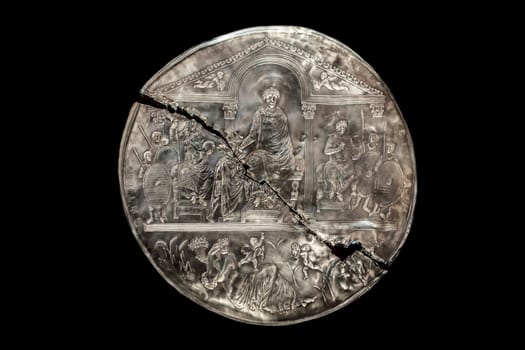 Missorium of Theodosius I enthroned. IV Century Replica piece of ceremonial silver dish found in Almendralejo, Badajoz, Spain
