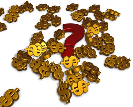 confusion of many dollar symbols and question marks on white background - 3d rendering