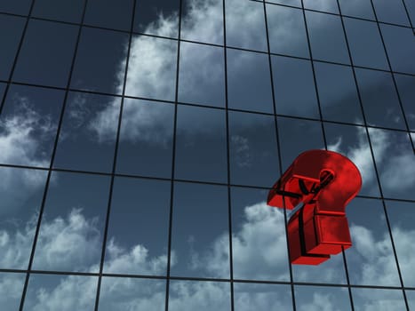 question mark on glass façade in which clouds are reflected - 3d rendering