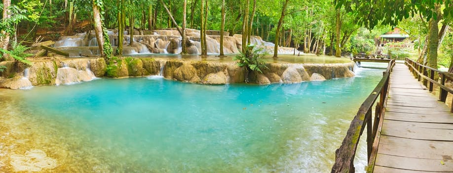 Bridge on the way to Tat Sae Waterfalls. Beautiful landscape. Luang Prabang. Laos. Panorama