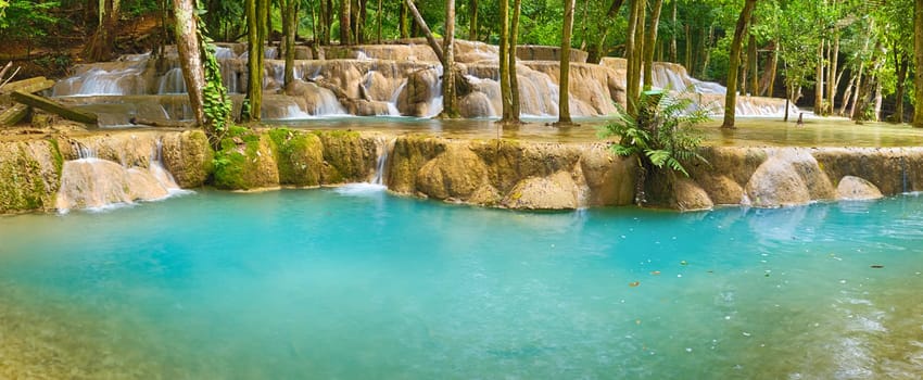 Tat Sae Waterfalls. Beautiful panorama landscape. Luang Prabang. Laos.