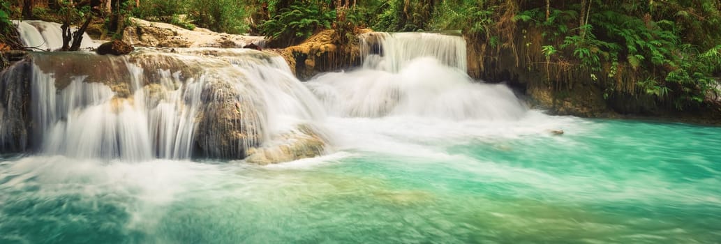 Tat Kuang Si Waterfalls. Beautiful panorama landscape. Luang Prabang, Laos.