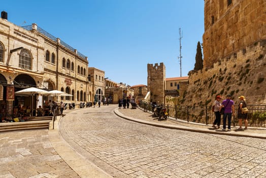JERUSALEM ISRAEL 05 may 2017: Jaffa Gate, Hebron Gate, Bab Mihrab Dawud, Gate of the Prayer Niche of David or David's Gate is a stone portal in the historic walls of the Old City of Jerusalem.