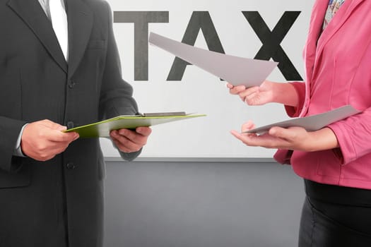 Business people discussion about tax payment with whiteboard background