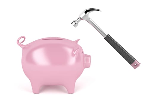 Piggy bank against hammer, 3D illustration