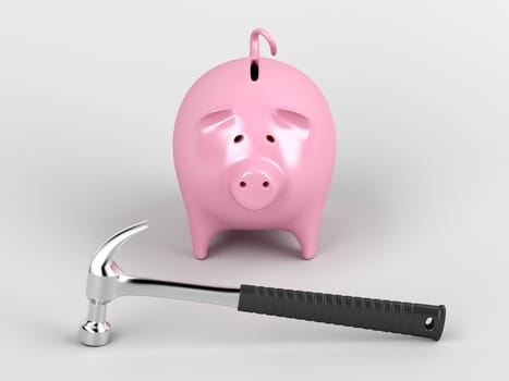 Piggy bank and hammer on gray background
