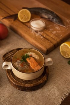 Tasty fish soup - ukha, soup from different fishes and vegetables