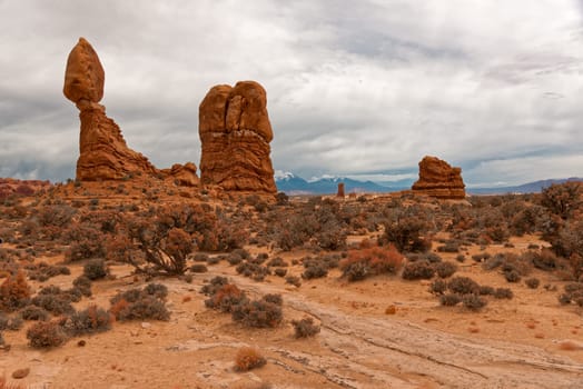 Landscape a look on the rocks of the Arches National Park. It's home to over 2,000 natural sandstone arches. In addition to a variety of unique geological resources and formations.