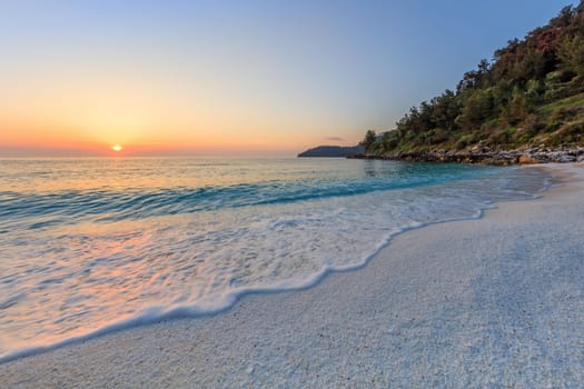 Sunrise in Marble beach (Saliara beach), Thassos Islands, Greece. The most beautiful white beach in Greece