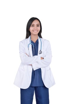 Portrait of asian female doctor in white coat and stethoscope posing isolated over white background