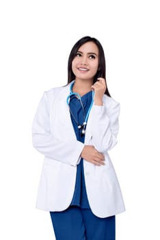 Young asian doctor with stethoscope posing isolated over white background