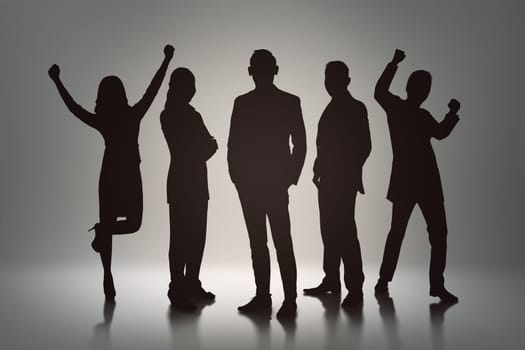 Silhouette group of business people with cheerful expression on grey background