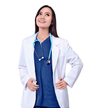 Portrait of asian woman doctor with stethoscope on neck posing isolated over white background