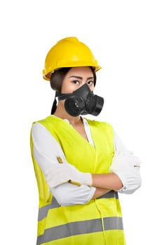 Portrait of asian woman construction worker with protective mask posing isolated over white background