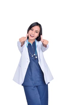 Portrait of asian medical doctor with stethoscope giving thumbs up gesture isolated over white background
