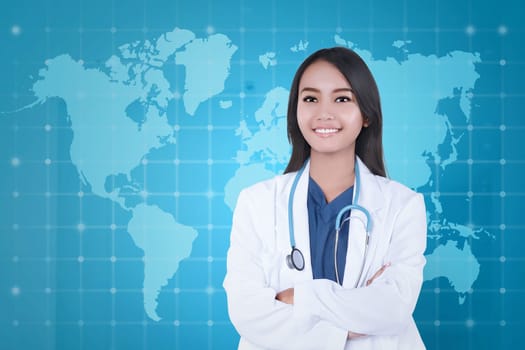 Pretty asian doctor woman in white uniform with stethoscope on modern background
