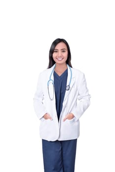 Portrait of asian doctor woman with white coat posing isolated over white background