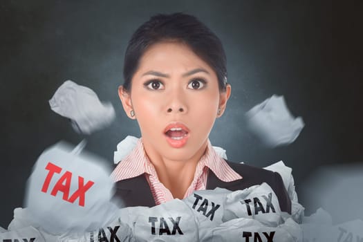 Image of asian business woman shock about tax