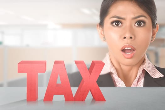Image of asian business woman shock about tax