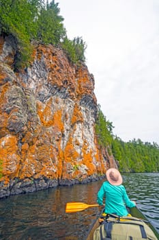 Looking at a Colorful Cliff on Ottertrack Lake in the Boundary Waters Canoe Area in Minnesota