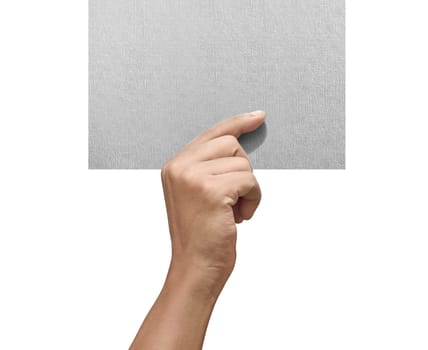 Male hands holding empty paper posing isolated over white background