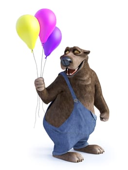 3D rendering of a charming smiling cartoon bear holding three balloons in his hand. White background.